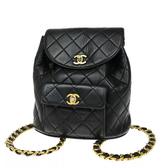 CHANEL CC Logo DUMA Matelasse Chain Backpack Bag Leather Black Vintage 889RK991 - Picture 1 of 16